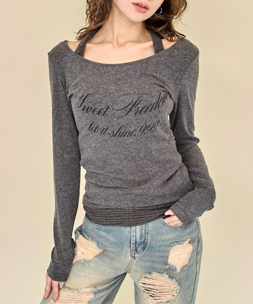 ANAP(アナップ)の「ホルターネックドッキングプリントトップス(Tシャツ/カットソー・レディース・グレー/ホワイト/ブラック・F)」の4枚目の写真