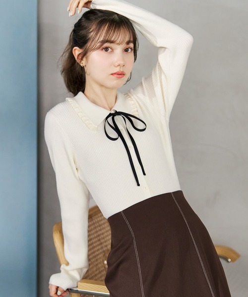 31 Sons de mode(トランテアン ソン ドゥ モード)の「2026春夏新作 襟フリルニット(ニット/セーター・レディース・オフホワイト/イエロー/ブラック・フリ-)」の2枚目の写真