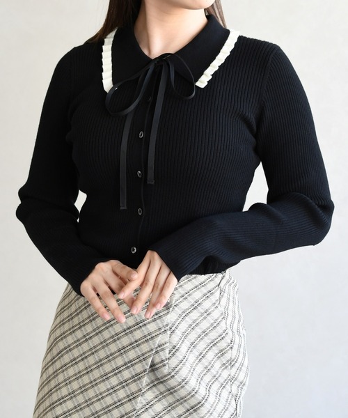 31 Sons de mode(トランテアン ソン ドゥ モード)の「2026春夏新作 襟フリルニット(ニット/セーター・レディース・オフホワイト/イエロー/ブラック・フリ-)」の12枚目の写真