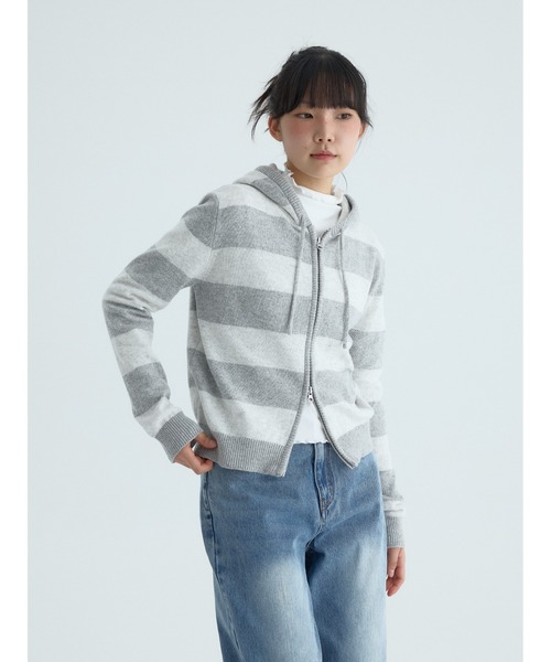 codegraphy（コードグラフィー）の「(Women's) Striped Knit Hooded Zip-up CBFSWKC001（パーカー・メンズ・ダークネイビー/ラベンダー/オートミール・SMALL/MEDIUM）」の4枚目の写真