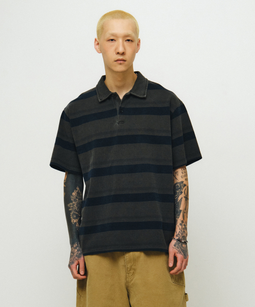ENDOOR(エンドア)の「Vintage pk stripe 1/2 polo shirt (vtg blue)(シャツ/ブラウス・メンズ・その他・1/2)」の1枚目の写真