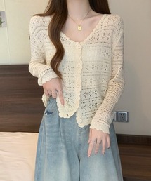 シルエットで軽やかにスタイルアップ♪前後透かし編みカーディガン Vネック ニットカーディガン オフィスカジュアル きれいめカジュアル レディース韓国風