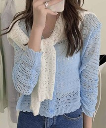 シルエットで軽やかにスタイルアップ♪前後透かし編みカーディガン Vネック ニットカーディガン オフィスカジュアル きれいめカジュアル レディース韓国風