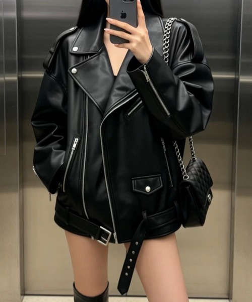 セール】ビッグシルエットフェイクレザージャケット（ライダース