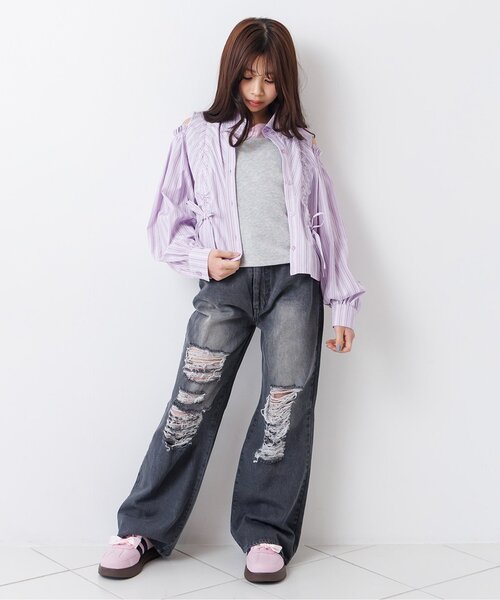 algy（アルジー）の「バックロゴワイドフレアパンツ（デニムパンツ・キッズ・グレー/サックスブルー・160/150/140/130）」の3枚目の写真