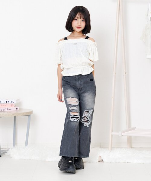 algy（アルジー）の「バックロゴワイドフレアパンツ（デニムパンツ・キッズ・グレー/サックスブルー・160/150/140/130）」の5枚目の写真