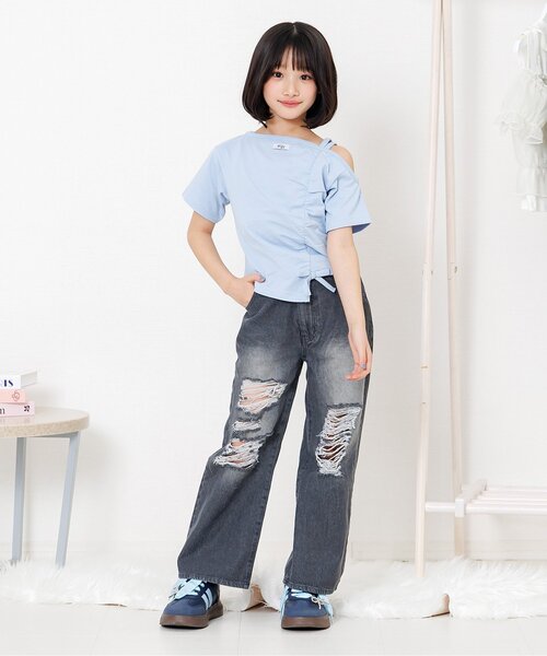 algy（アルジー）の「バックロゴワイドフレアパンツ（デニムパンツ・キッズ・グレー/サックスブルー・160/150/140/130）」の6枚目の写真