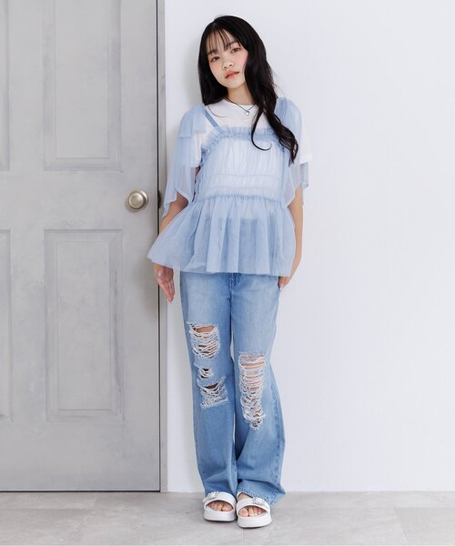 algy（アルジー）の「バックロゴワイドフレアパンツ（デニムパンツ・キッズ・グレー/サックスブルー・160/150/140/130）」の7枚目の写真