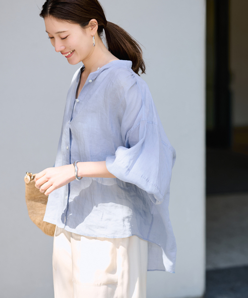 FRAMeWORK（フレームワーク）の「≪WEB限定 / 追加≫ラミーランタンスリーブバンドカラー（シャツ/ブラウス・レディース・ホワイト/ブラウン/サックスブルー・FREE）」の3枚目の写真