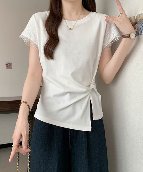 2ly2（トゥーリートゥー）の「レース袖フレンチスリーブTシャツ / サイドリボンデザインカットソー（Tシャツ/カットソー・レディース・ホワイト/ブラック/イエロー・FREE）」の2枚目の写真