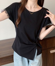 レース袖フレンチスリーブTシャツ / サイドリボンデザインカットソー