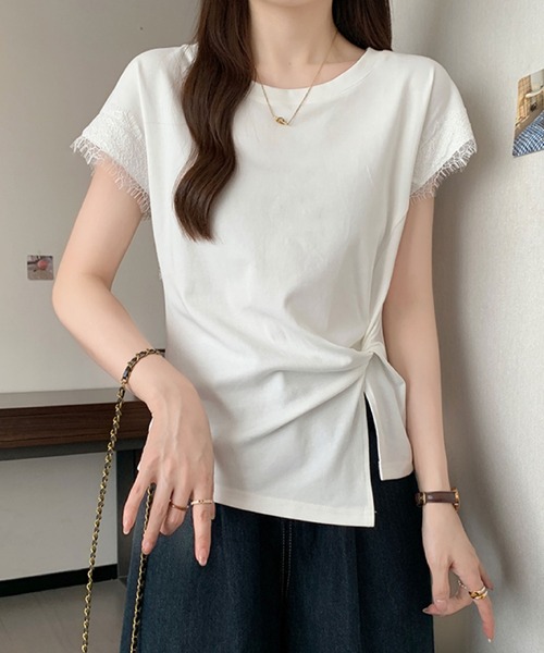 2ly2（トゥーリートゥー）の「レース袖フレンチスリーブTシャツ / サイドリボンデザインカットソー（Tシャツ/カットソー・レディース・ホワイト/ブラック/イエロー・FREE）」の4枚目の写真