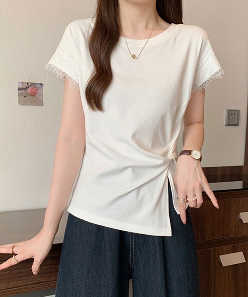 2ly2（トゥーリートゥー）の「レース袖フレンチスリーブTシャツ / サイドリボンデザインカットソー（Tシャツ/カットソー・レディース・ホワイト/ブラック/イエロー・FREE）」の5枚目の写真
