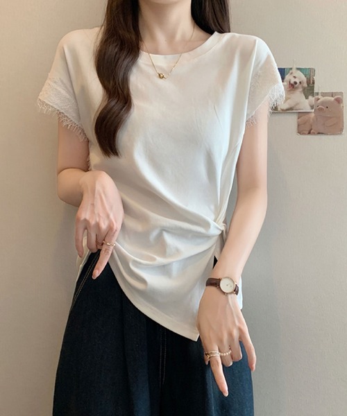 2ly2（トゥーリートゥー）の「レース袖フレンチスリーブTシャツ / サイドリボンデザインカットソー（Tシャツ/カットソー・レディース・ホワイト/ブラック/イエロー・FREE）」の6枚目の写真
