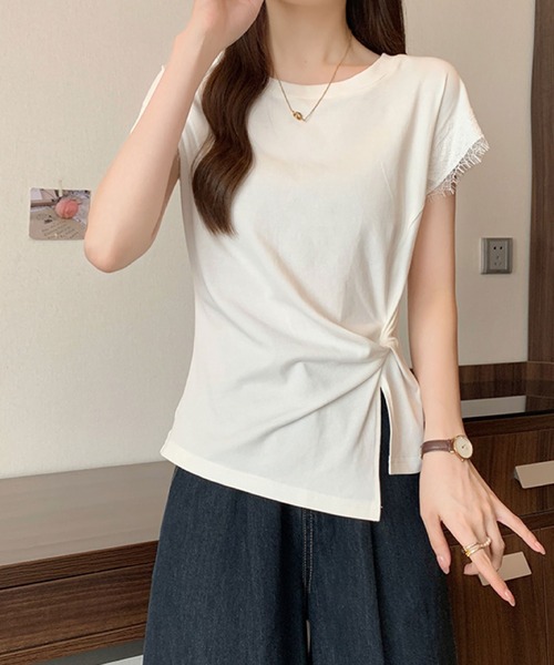 2ly2（トゥーリートゥー）の「レース袖フレンチスリーブTシャツ / サイドリボンデザインカットソー（Tシャツ/カットソー・レディース・ホワイト/ブラック/イエロー・FREE）」の7枚目の写真