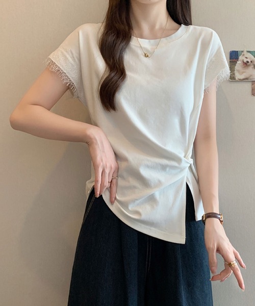 2ly2（トゥーリートゥー）の「レース袖フレンチスリーブTシャツ / サイドリボンデザインカットソー（Tシャツ/カットソー・レディース・ホワイト/ブラック/イエロー・FREE）」の8枚目の写真
