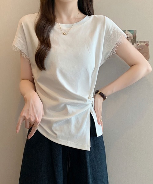 2ly2（トゥーリートゥー）の「レース袖フレンチスリーブTシャツ / サイドリボンデザインカットソー（Tシャツ/カットソー・レディース・ホワイト/ブラック/イエロー・FREE）」の9枚目の写真