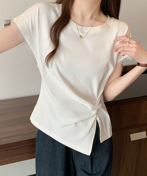 2ly2（トゥーリートゥー）の「レース袖フレンチスリーブTシャツ / サイドリボンデザインカットソー（Tシャツ/カットソー・レディース・ホワイト/ブラック/イエロー・FREE）」の10枚目の写真