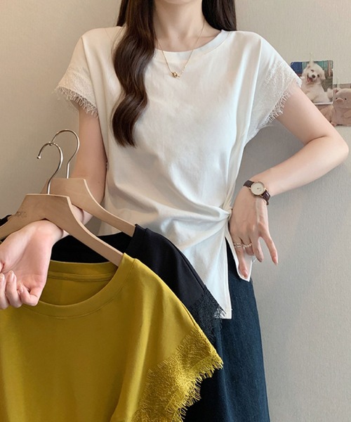 2ly2（トゥーリートゥー）の「レース袖フレンチスリーブTシャツ / サイドリボンデザインカットソー（Tシャツ/カットソー・レディース・ホワイト/ブラック/イエロー・FREE）」の12枚目の写真