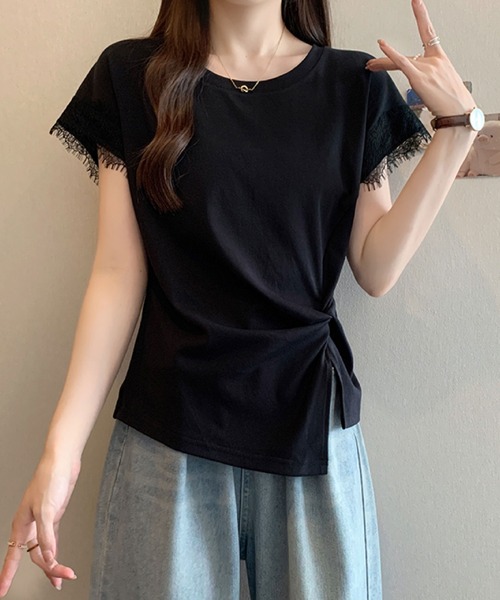 2ly2（トゥーリートゥー）の「レース袖フレンチスリーブTシャツ / サイドリボンデザインカットソー（Tシャツ/カットソー・レディース・ホワイト/ブラック/イエロー・FREE）」の13枚目の写真