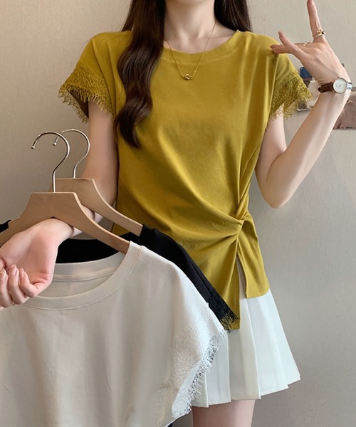 2ly2（トゥーリートゥー）の「レース袖フレンチスリーブTシャツ / サイドリボンデザインカットソー（Tシャツ/カットソー・レディース・ホワイト/ブラック/イエロー・FREE）」の22枚目の写真
