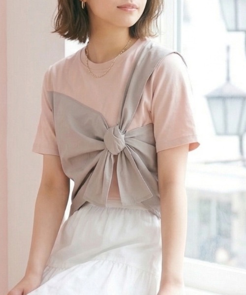 Belta attrice（ベルタアトリーチェ）の「異素材ドッキング リボンデザインカットソー / レイヤード風 半袖トップス（Tシャツ/カットソー・レディース・チャコールグレー/ピンクベージュ/ホワイト・FREE）」の16枚目の写真
