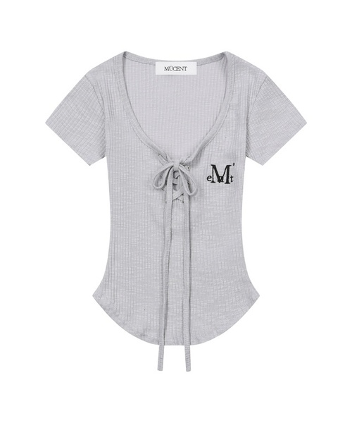 MUCENT(ムセント)の「サロンアイレットレースアップゴルフリブスリムフィット半袖Tシャツ(3カラー)(Tシャツ/カットソー・レディース・ホワイト/グレー系カモフラージュ/ブラック・FREE)」の3枚目の写真