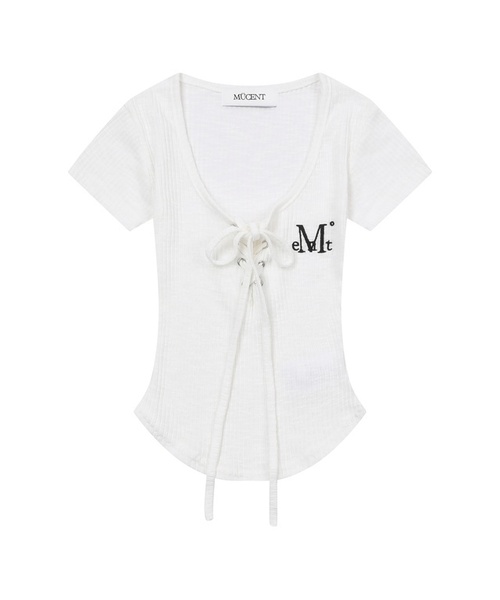 MUCENT(ムセント)の「サロンアイレットレースアップゴルフリブスリムフィット半袖Tシャツ(3カラー)(Tシャツ/カットソー・レディース・ホワイト/グレー系カモフラージュ/ブラック・FREE)」の2枚目の写真