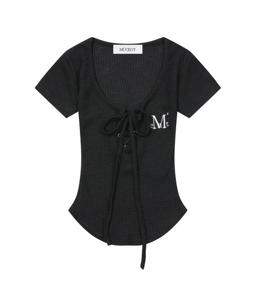 MUCENT(ムセント)の「サロンアイレットレースアップゴルフリブスリムフィット半袖Tシャツ(3カラー)(Tシャツ/カットソー・レディース・ホワイト/グレー系カモフラージュ/ブラック・FREE)」の1枚目の写真