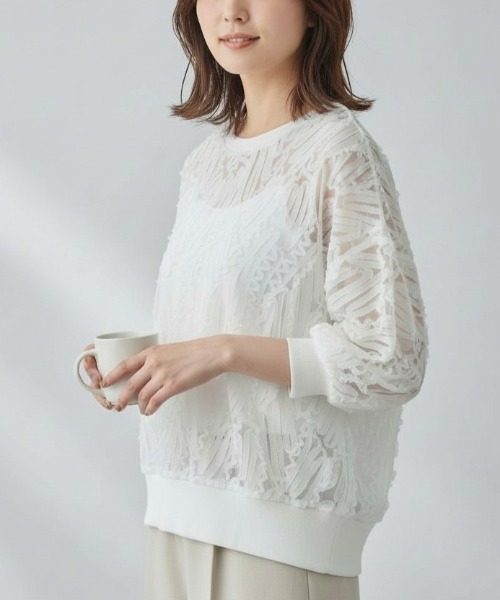 GIVERNY(ジヴェルニー)の「【華やかレース/オケージョン・お呼ばれ/上品ヘルシー】シアーレース切替プルオーバー(シャツ/ブラウス・レディース・ホワイト/ブラック・FREE)」の2枚目の写真