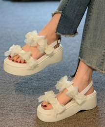 厚底サンダル可愛い シアーリボンサンダル