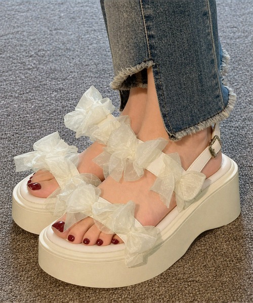 Miniministore（ミニミニストア）の「厚底サンダル可愛い シアーリボンサンダル（サンダル・レディース・アイボリー/ブラック・24.5cm/24.0cm/23.5cm/23.0cm/22.5cm）」の5枚目の写真