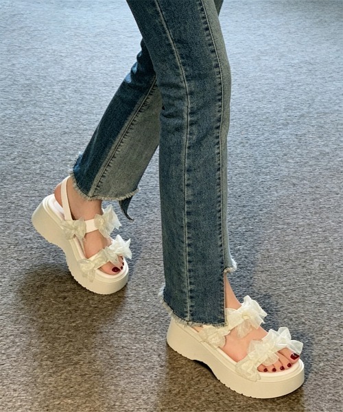Miniministore（ミニミニストア）の「厚底サンダル可愛い シアーリボンサンダル（サンダル・レディース・アイボリー/ブラック・24.5cm/24.0cm/23.5cm/23.0cm/22.5cm）」の6枚目の写真