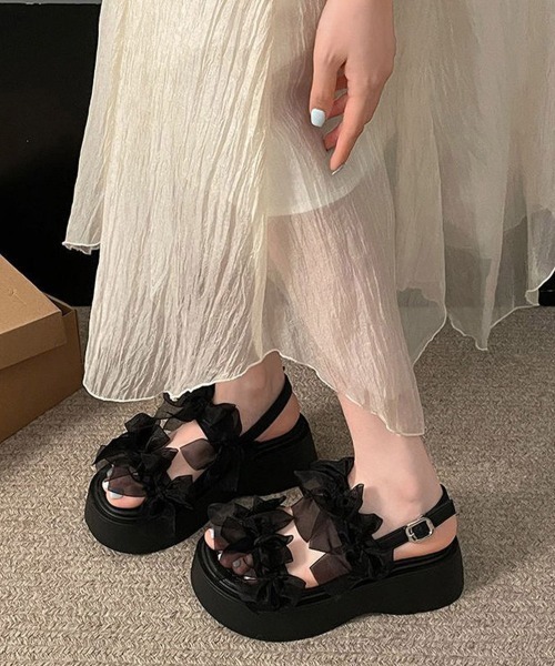Miniministore（ミニミニストア）の「厚底サンダル可愛い シアーリボンサンダル（サンダル・レディース・アイボリー/ブラック・24.5cm/24.0cm/23.5cm/23.0cm/22.5cm）」の8枚目の写真