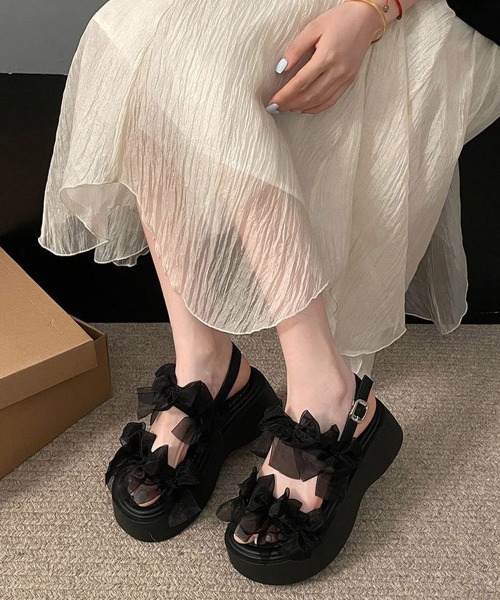 Miniministore（ミニミニストア）の「厚底サンダル可愛い シアーリボンサンダル（サンダル・レディース・アイボリー/ブラック・24.5cm/24.0cm/23.5cm/23.0cm/22.5cm）」の14枚目の写真