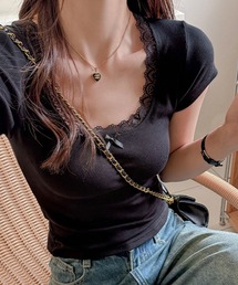 レースリボンリブ半袖Tシャツ