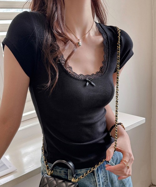 GLAMOROUS JANE(グラマラスジェーン)の「レースリボンリブ半袖Tシャツ(Tシャツ/カットソー・レディース・ホワイト/ブラック・FREE)」の6枚目の写真