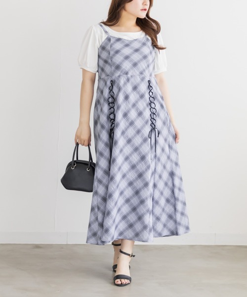 CLETTE(クレット)の「チェック柄レースアップキャミワンピース(ワンピース・レディース・ラベンダー/オフホワイト・LL/3L/4L)」の1枚目の写真