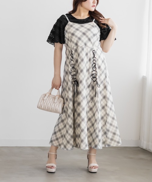 CLETTE(クレット)の「チェック柄レースアップキャミワンピース(ワンピース・レディース・ラベンダー/オフホワイト・LL/3L/4L)」の2枚目の写真