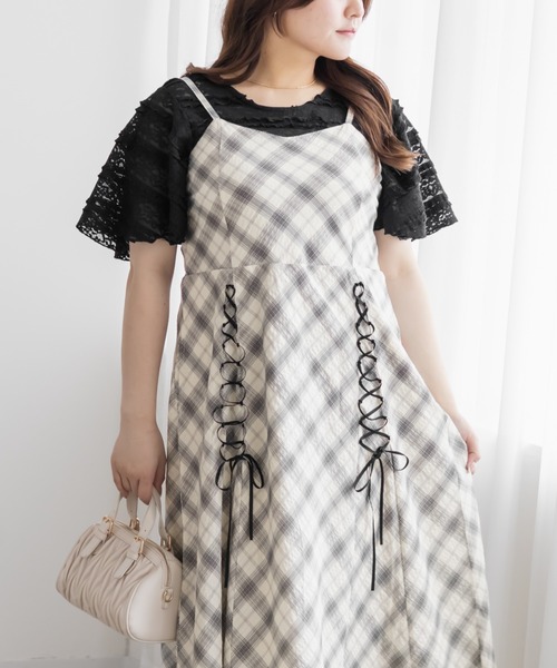 CLETTE(クレット)の「チェック柄レースアップキャミワンピース(ワンピース・レディース・ラベンダー/オフホワイト・LL/3L/4L)」の17枚目の写真