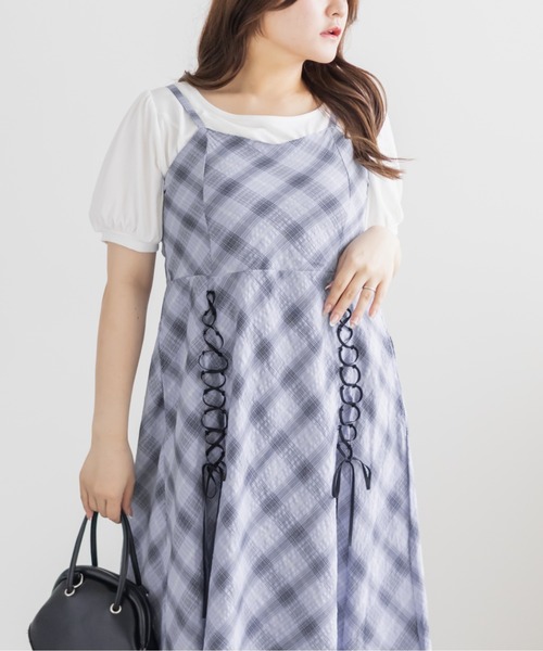 CLETTE(クレット)の「チェック柄レースアップキャミワンピース(ワンピース・レディース・ラベンダー/オフホワイト・LL/3L/4L)」の11枚目の写真