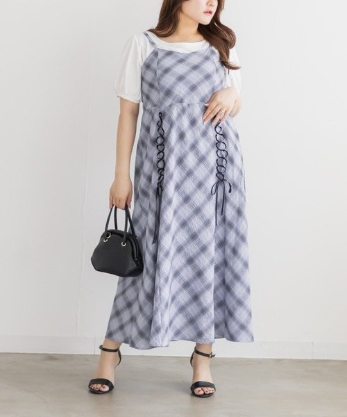 CLETTE(クレット)の「チェック柄レースアップキャミワンピース(ワンピース・レディース・ラベンダー/オフホワイト・LL/3L/4L)」の13枚目の写真