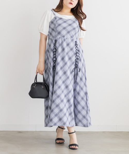 CLETTE(クレット)の「チェック柄レースアップキャミワンピース(ワンピース・レディース・ラベンダー/オフホワイト・LL/3L/4L)」の14枚目の写真