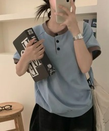 バイカラー ヘンリーネック半袖トップス