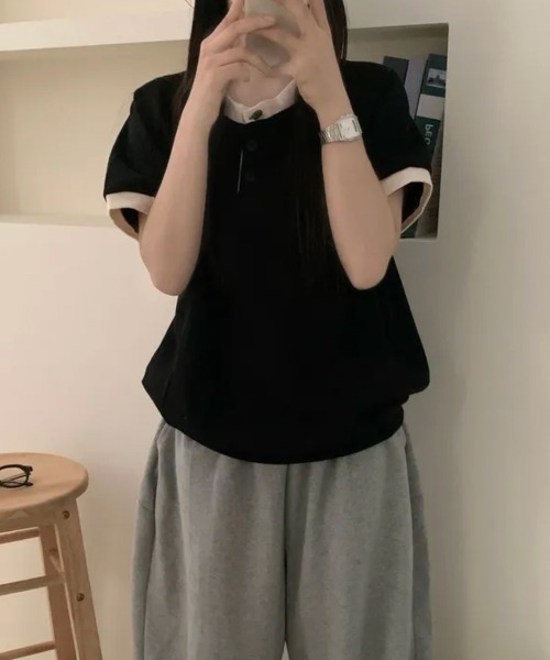 Emilie(エミリー)の「バイカラー ヘンリーネック半袖トップス(Tシャツ/カットソー・レディース・ライトブルー/クリーム/ブラック・FREE)」の17枚目の写真