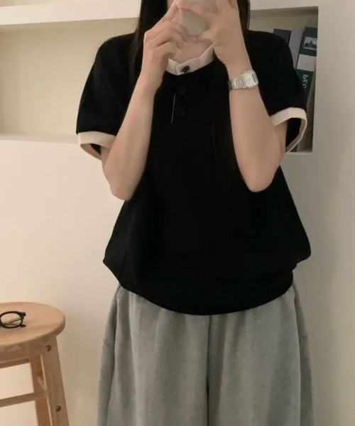 Emilie(エミリー)の「バイカラー ヘンリーネック半袖トップス(Tシャツ/カットソー・レディース・ライトブルー/クリーム/ブラック・FREE)」の18枚目の写真