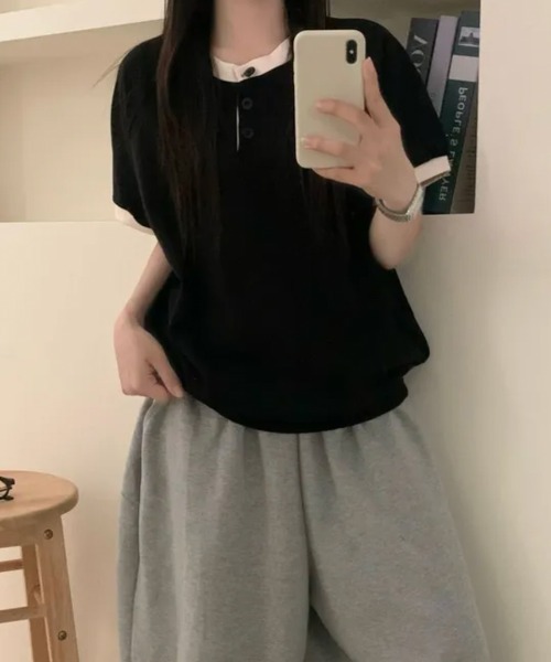 Emilie(エミリー)の「バイカラー ヘンリーネック半袖トップス(Tシャツ/カットソー・レディース・ライトブルー/クリーム/ブラック・FREE)」の19枚目の写真