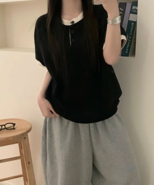 Emilie(エミリー)の「バイカラー ヘンリーネック半袖トップス(Tシャツ/カットソー・レディース・ライトブルー/クリーム/ブラック・FREE)」の20枚目の写真