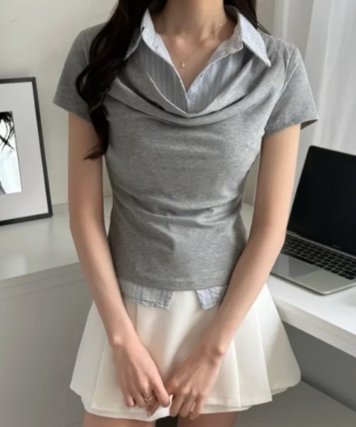 Emilie(エミリー)の「ドレープネック レイヤードシャツドッキング 半袖トップス(シャツ/ブラウス・レディース・ブラック/グレー/チャコールグレー・FREE)」の3枚目の写真