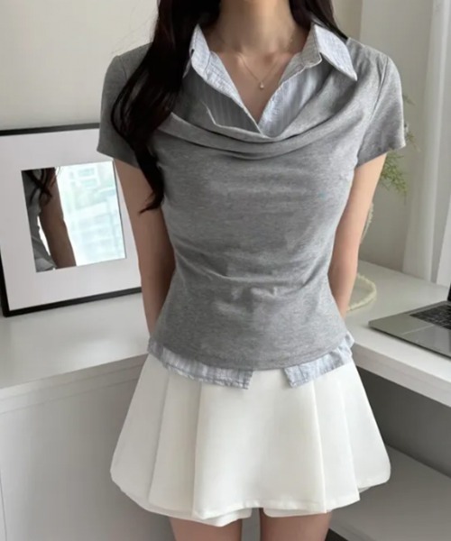 Emilie(エミリー)の「ドレープネック レイヤードシャツドッキング 半袖トップス(シャツ/ブラウス・レディース・ブラック/グレー/チャコールグレー・FREE)」の6枚目の写真